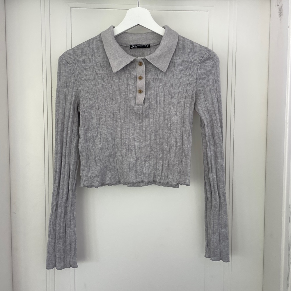 Zara Cropped Ribbed Collared Long Sleeve